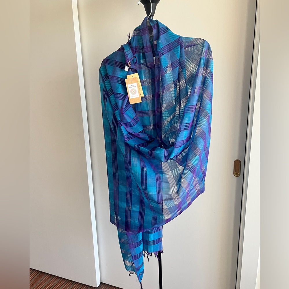 NWT FabIndia Handwoven Scarf Dupatta Wrap Stole 100% Cotton Royal Blue & Purple